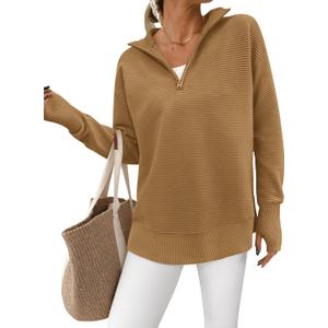 PRETTYGARDEN Womens Long Sleeve Quarter Zip Pullover Sweater Casual Loose V Neck Collared Ribbed Knit Jumper Tops Thumb Hole (XX-Large, Khaki)