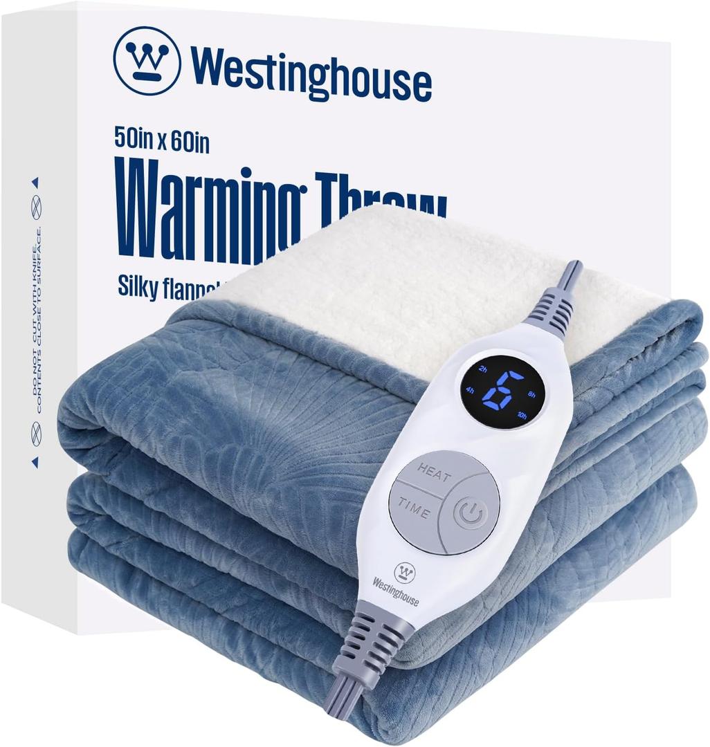 Westinghouse Electric Throw Blanket, Flannel Sherpa Heated Throw with 6 Heating Levels and 2-10 Hours Auto-Off, Flower Jacquard Heated Blanket, Fast Heating & ETL Certification, 50" x 60" Inch, Blue