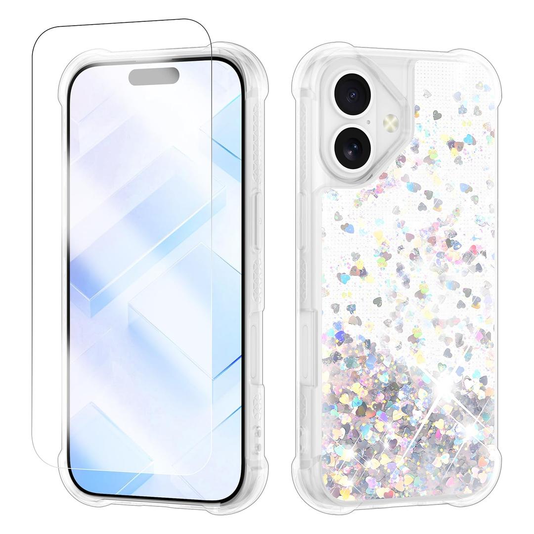 ANSHOW Case Compatible with iPhone 17, Shockproof Clear TPU Glitter Phone Case with 1 Screen Protector, Bling Glitters Case for Women, Silver