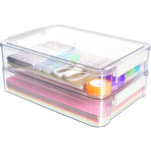 Citylife 2 PCS 6 Qt Plastic Storage Bins with Lids and Latches, Portable Stackable Storage Bins, Clear Plastic File Box for Organizing A4 Paper, Letters, Documents, Art Supplies, and Crafts (2 Packs-Large)