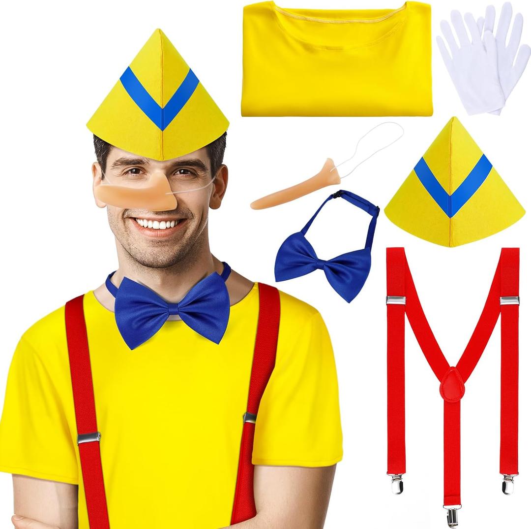 6 Pcs Storybook Costumes Fairy Tale Puppet Costumes Includes Short Sleeve Nose Hat Suspender Bow Gloves Fairytale Character Halloween Outfit for Adults Yellow
