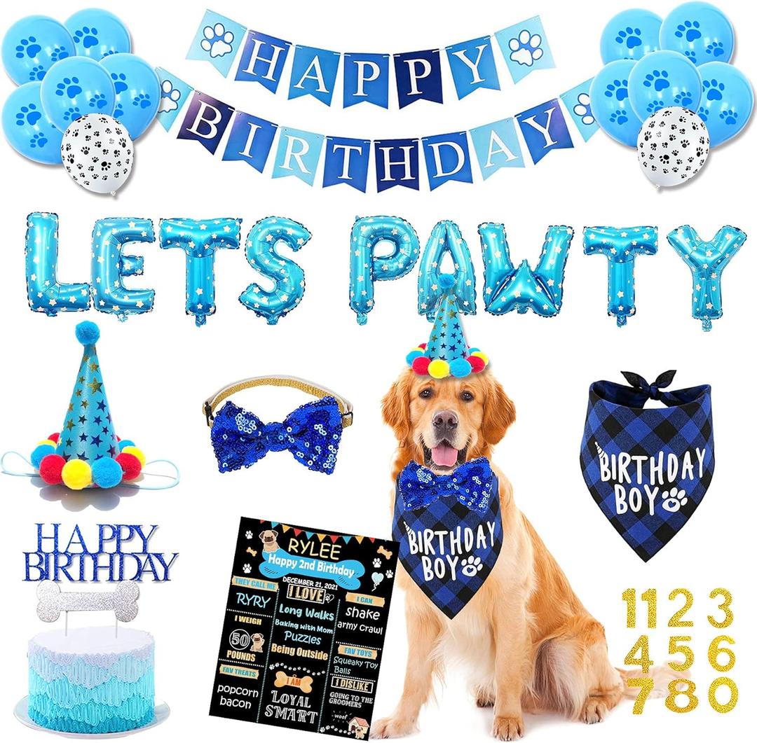 Dog Birthday Party Supplies, Blue Dog Birthday Decorations, Lets Pawty Balloons Banner, Dog Baday Bandana Hat Scarfs