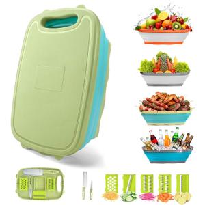 Gintan Camping Cutting Board, 9-in-1 Collapsible Chopping Board with Colander, Kitchen Vegetable Washing Basket for Camping, Camping Gifts Camping essentials for RV Campers (Blue Green)
