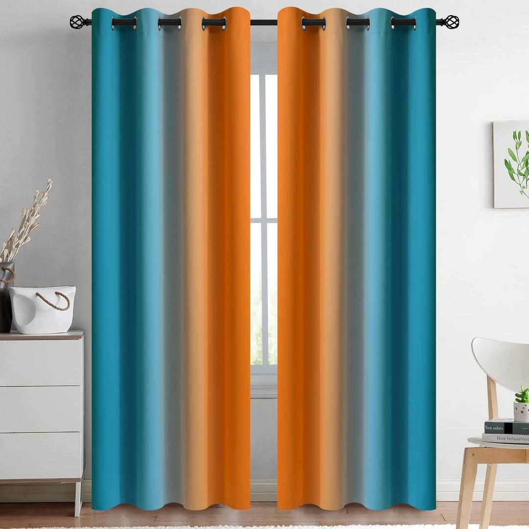 Yakamok Ombre Orange and Blue Curtains for Bedroom, Gradient Room Darkening Curtains, Grommet Thermal Insulated Light Blocking Window Drapes/Curtain for Living Room,52 x 84 Inch,2 Panels