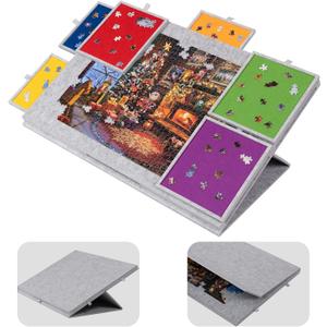 Lavievert 1500 Piece Tilting Puzzle Board with 2-in-1 Designed Stand & Cover, Lightweight Felt Mat Plateau with 6 Colored Drawers, Portable Jigsaw Puzzle Table with Storage for Adults - Light Gray