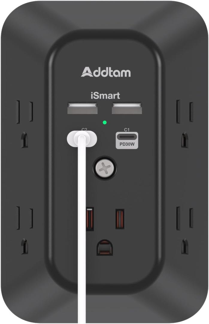 Addtam 5-Outlet Extender Surge Protector, Multi Plug Wall Outlet with 4 USB Wall Charger(PD 30W), Plug Extension Outlet 1800J, Outlet Splitter Power Strip for Home Office Dorm Room Essentials, Black