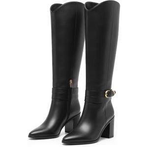 WIRALOMI Knee High Boots for Women Pointed Toe Chunky Heel Boots Metal Buckle Boots with Side Zipper (10, Black)
