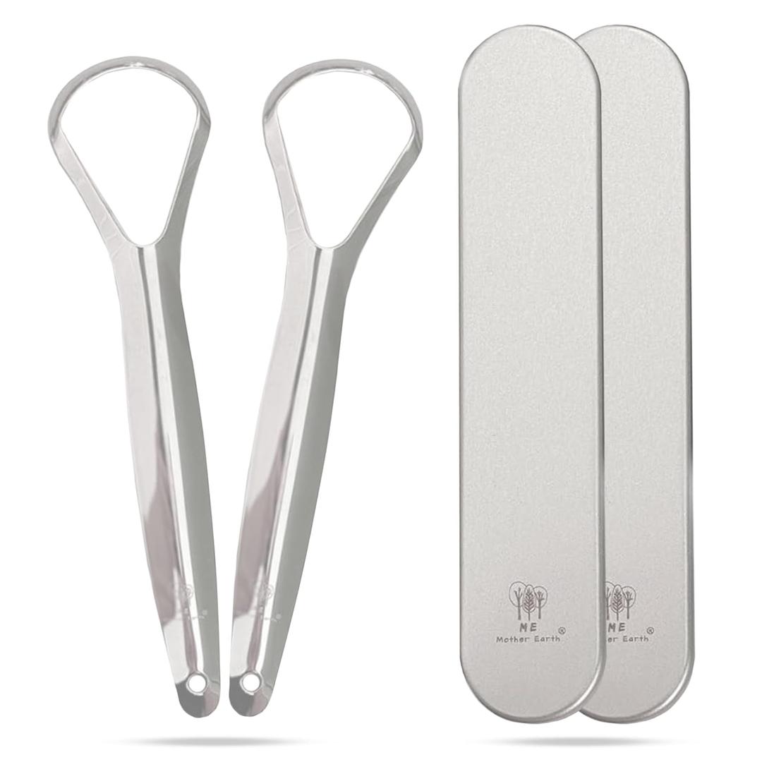 Me Mother Earth 2 pack Stainless Steel Tongue Scraper for Adults with 2 Metal Travel Cases Durable Metal Cleaner for Oral Care, Fresh Breath, and Eco-Friendly Dental Care