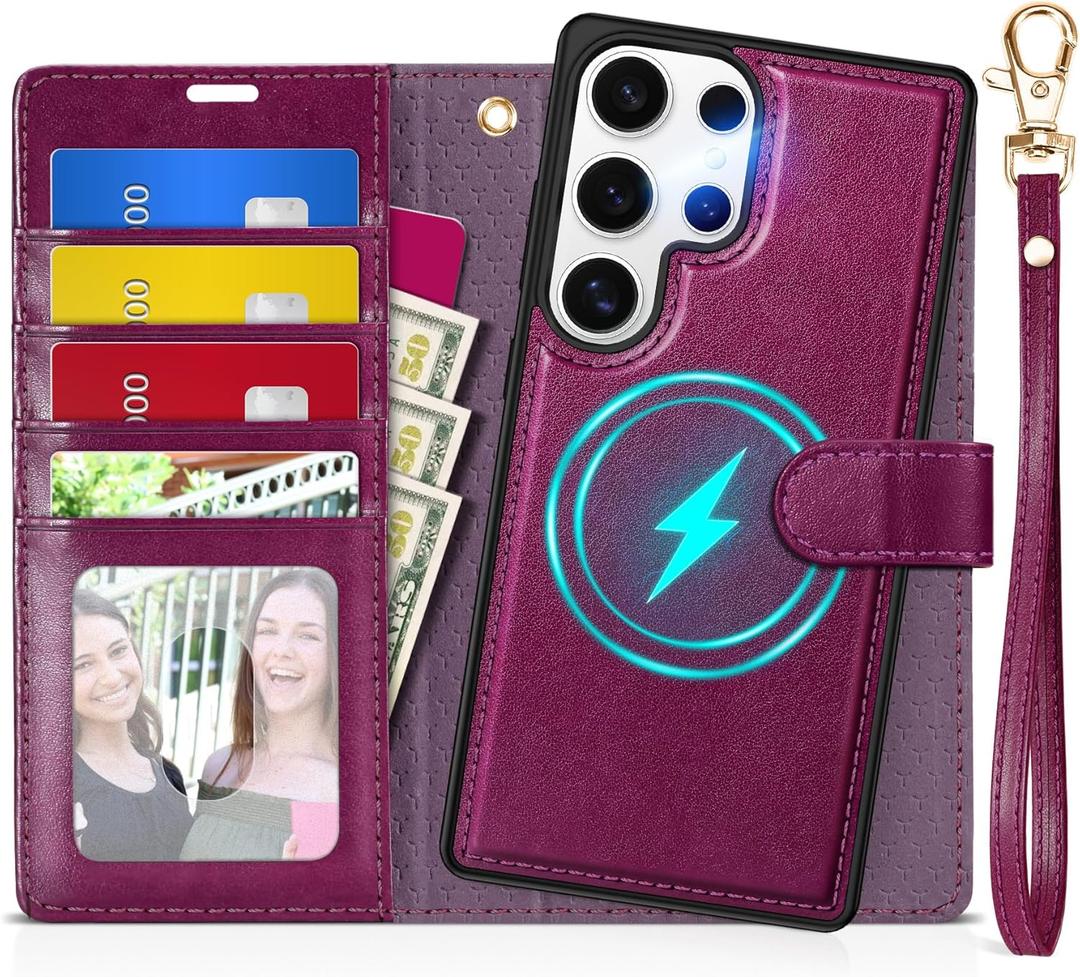 TUCCH Case Wallet for Galaxy S25 Ultra, [Detachable] 2 in 1 Magnetic PU Leather Wrist Strap RFID Blocking Wireless Charging 4 Card Slot Kickstand Removable Flip Cover for Galaxy S25 Ultra, Plum Purple