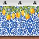 BELECO 7x5ft Fabric Blue Tiles Lemon Backdrop Lemon Party Decorations Watercolor Lemon Fruit Birthday Background Summer Mediterranean Amalfi Coast Decorations Italian Party Banner Photo Props