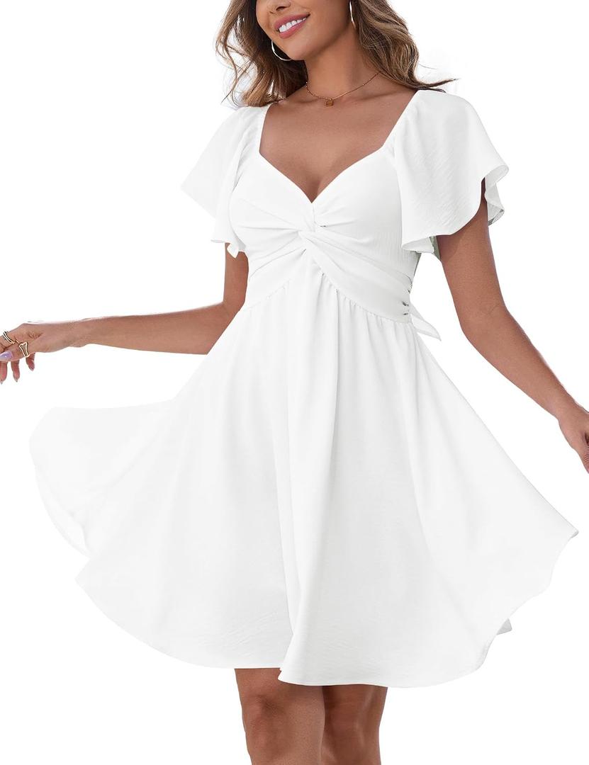 Florboom Women's Sweetheart Knot Front Dress Flutter Sleeve Tie Back A-Line Chiffon Mini Dresses (White, L)