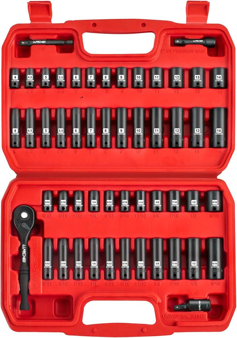 LLNDEI 1/4Drive Impact Socket Set, 52 PCS Mechanic Tool Set with 72-Tooth Ratchet & Adapter, CR-V, Metric and SAE Sockets Storage Kit for Household Automotive Repair DIY Project