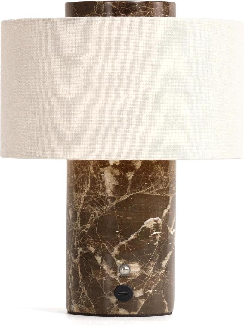 YMXYJM Marble Table Lamp, Rechargeable Cordless Bedside Lamp with Touch Control & Stepless Dimming, Linen Shade Decorative Lamp for Bedroom, Living Room, Nightstand & Bookshelf, Dark Brown