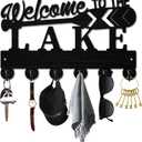 Lake House Key Holder Black Key Holder Wall Mount 11.8 x 7.5 Inch Welcome to The Lake Wooden Keychain Hanger Organizer Rack with 6Pcs Hooks for Front Door Office Bedroom Gift Bags Hanging