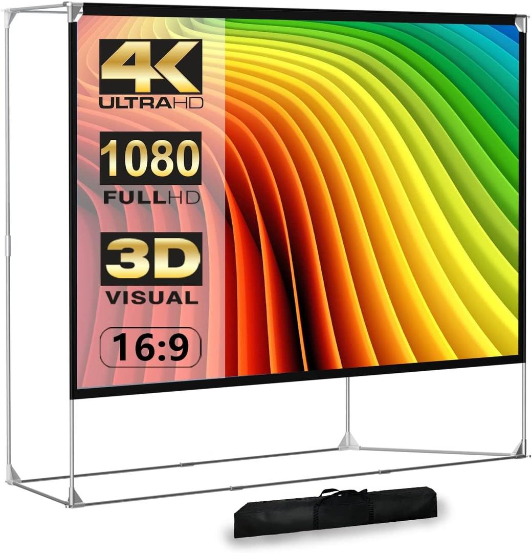 Projector Screen and Stand 150 inch Large Outdoor Projection Screen 16:9 HD 4K Portable Projection Movie Screen with Carry Bag Foldable Anti Crease Windproof Design for Home Theater Backyard Cinema