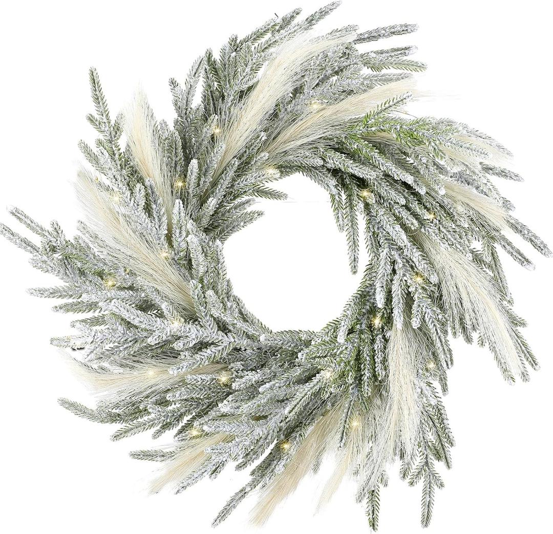 Juexica 19.7 Inch Lighted Christmas Wreaths for Front Door Flocked Norfolk Pine Wreaths with Boho Pampas Grass White Coastal Xmas Decor for Indoor Outdoor Wall Window Home Xmas Seasonal Decor