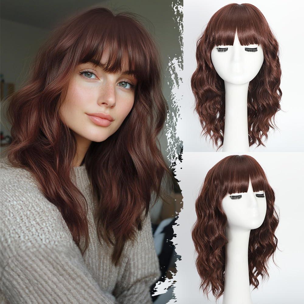 Chocolate Brown Wig with Bangs Short Wavy Wigs for Women Curly Bob Style Wear and Go Natural Synthetic Wigs for Halloween Costumes Cosplay Daily Party Use 16IN