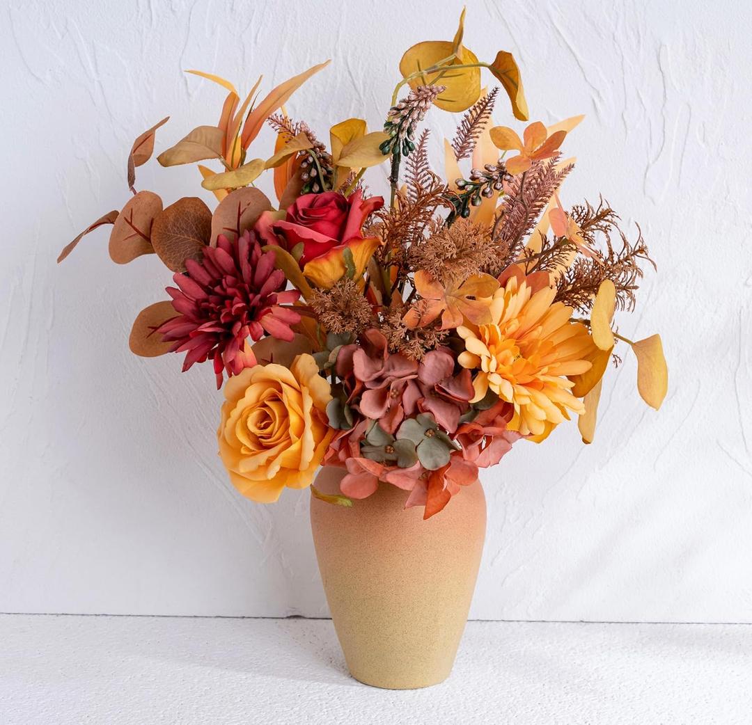 LUEUR Artificial Sunflower with Vase, Artificial Fall Flowers for Decoration, Autumn Faux Gerber Daisy Flowers Arrangement in Vase Suitable for Home Living Room Fall Decor Table Centerpieces (Orange)
