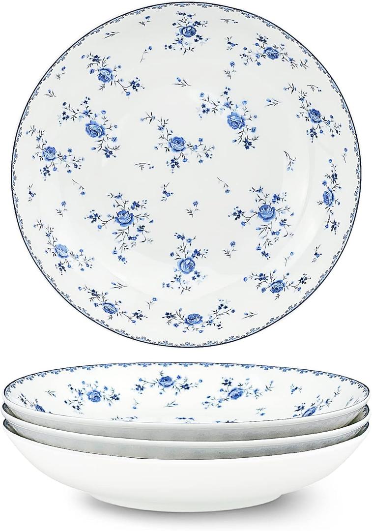 fanquare 8 Inch Porcelain Salad Bowls Set of 4, Round Floral Plates Set for Soup, Pasta, Dessert, Fruit