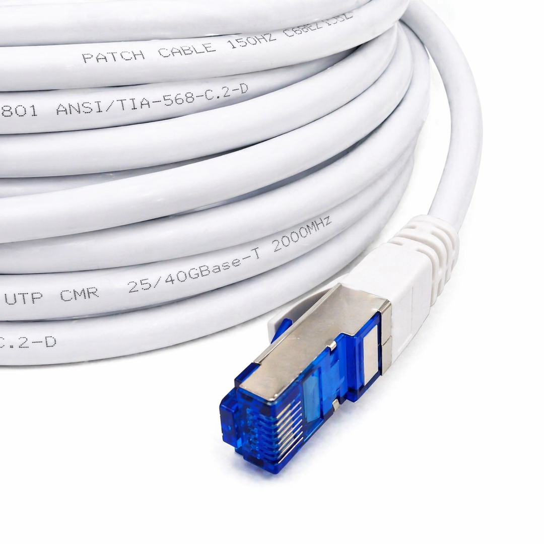 White Cable Wire CAT8 F/FTP PIMF 25/40GBase-T 2000MHz SLIM PATCH CABLE ISO/IEC 11801 ANSI/TIA-568.2-D, 75 ft