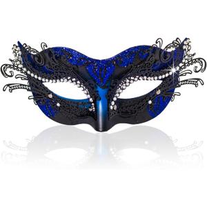 BCARICH 2025 New Masquerade Mask for Women, Metal Filigree Venetian Mask with Sparkle Rhinestone for Mardi Gras (Blue)