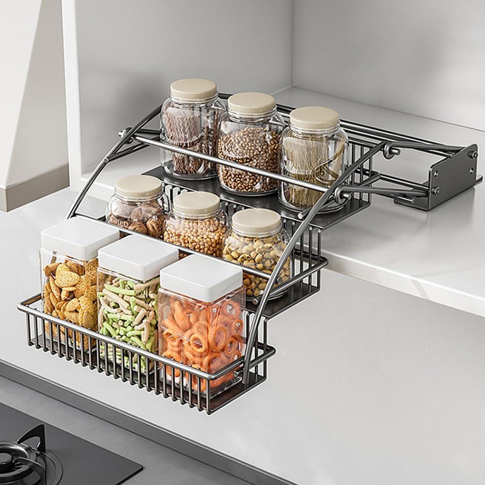 3-Tier Pull Down Spice Rack Organizer for Inside Cabinet Pantry Expandable Display Riser Shelf Kitchen Seasoning Shelf (31.5cm/12.4in)