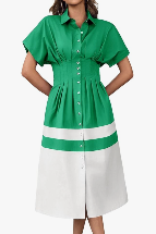 Wenrine Womens Summer Button Down Shirt Dress Casual Color Block V Neck Short Sleeve Corset Maxi Dresses Size L