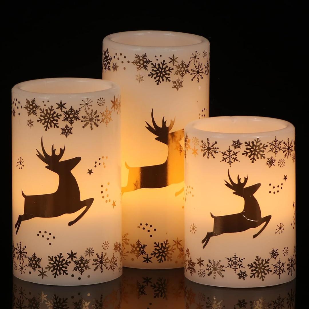 GenSwin Christmas Flameless LED Flickering Candles, Real Wax, Gold Deer, 3 Pack Pillar Fake Candles for Winter Indoor Fireplace Decor (D3' x H4'5'6')