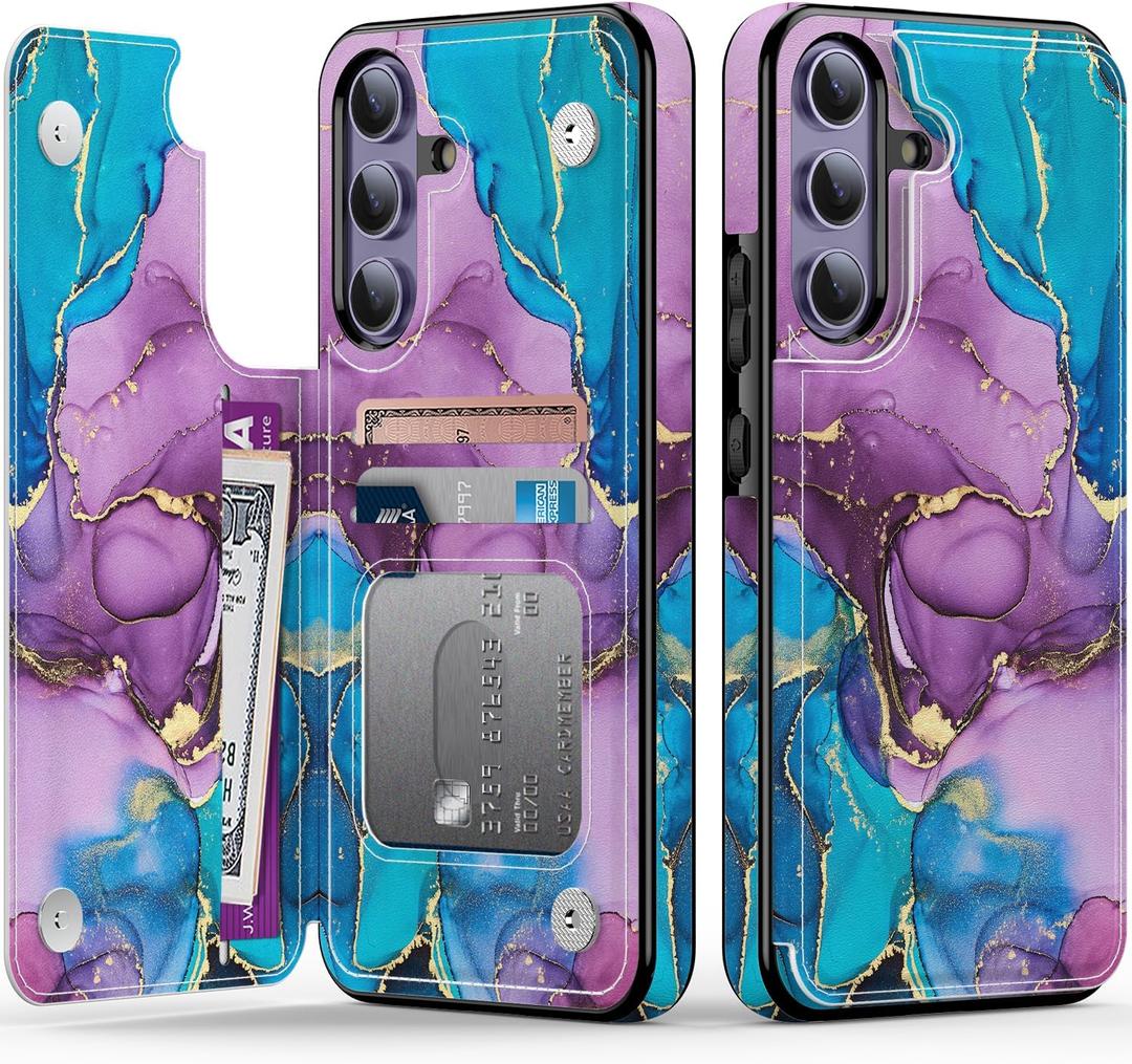 Goodon for Samsung Galaxy S24 Case Wallet - Flip Folio Leather Cover with Trendy Floral Design, 3 Card Slots & Kickstand Function, Protective Phone Case for Women and Girls - Teal Purple Marble