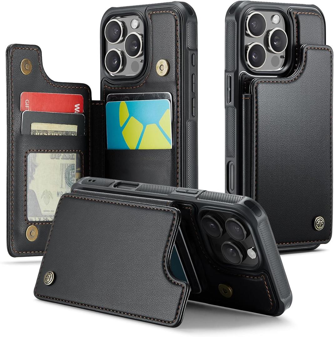 Compatible with iPhone 16 Pro 6.3" Wallet Case with Card Holder RFID Blocking for Women Men, Double Magnetic Clasp Kickstand Shockproof Phone Case Fit for iPhone 16 Pro, Black