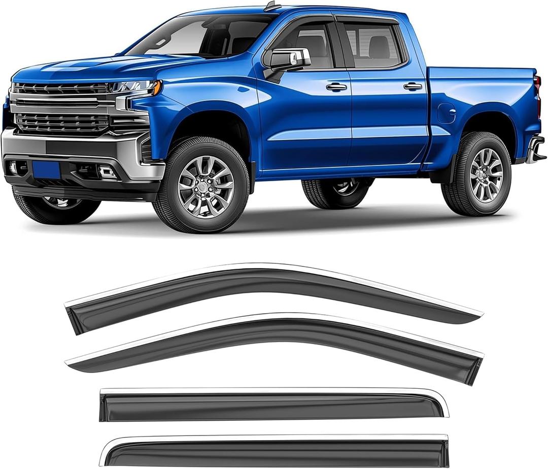 Shatterproof Tape-On Window Deflectors for 2019-2025 Chevrolet (Chevy) Silverado GMC Sierra 1500 2500HD 3500HD Crew Cab with Chrome Trim, Rain Guards, Window Visors for Cars, Vent Deflector, 4pcs
