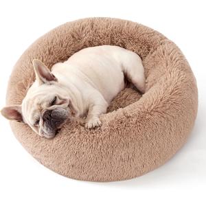 Bedsure Calming Dog Bed Medium Large Size Dogs - Donut Washable Large Pet Bed, 33 inches Anti-Slip Round Fluffy Plush Faux Fur Dog Bed, Camel