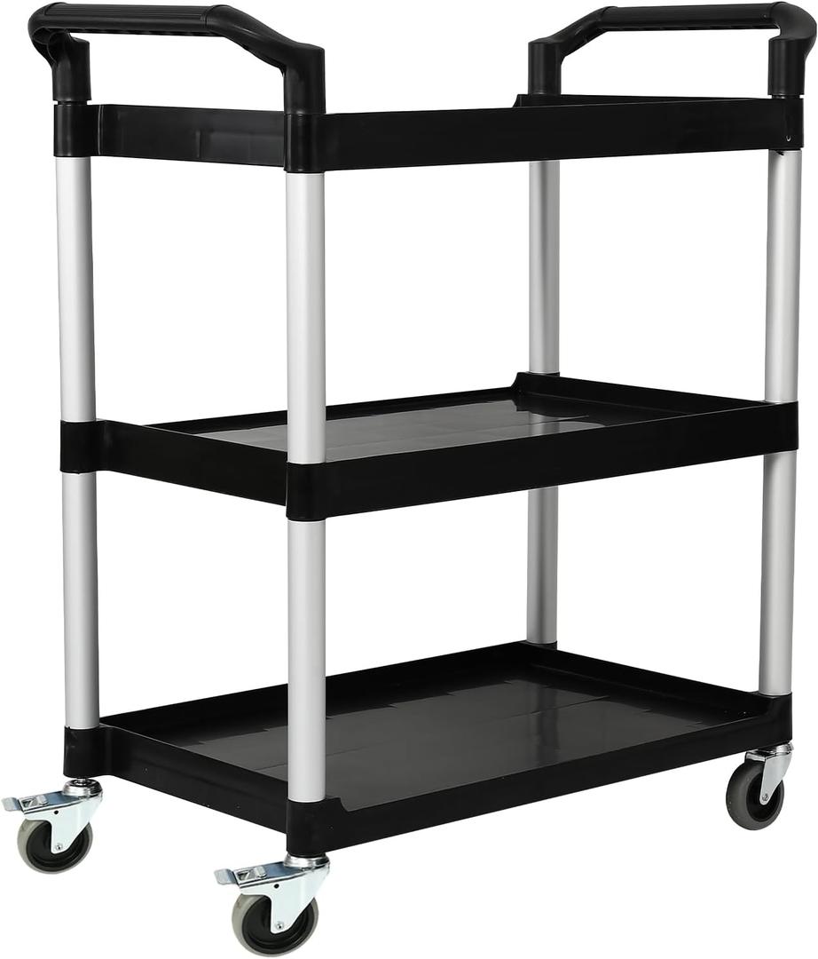 3-Tier Utility Rolling Cart with Wheels, Durable Catering carts with Wheels, Rolling Storage Cart for Hotel Canteen Resturant Office (Black, 31.4" D x 16.5" W x 37.7" H)