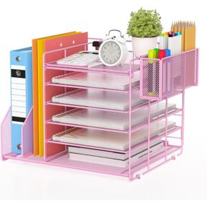 File Organizer for Desk, 6 Tier Desk Organizer Paper Tray with File Holder Pen Holder, Mesh Office Desk Accessories & Workspace Organizers (Pink)