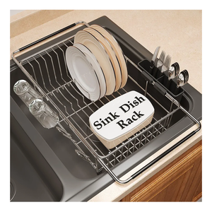 Over the Sink Expandable Dish Drainer Drying Rack In Stainless Steel for Small Kitchen, Counter Space Saving Modern Compact Metal Above Plate Dryer Strainer, Adjustable Hanging Inside Drain