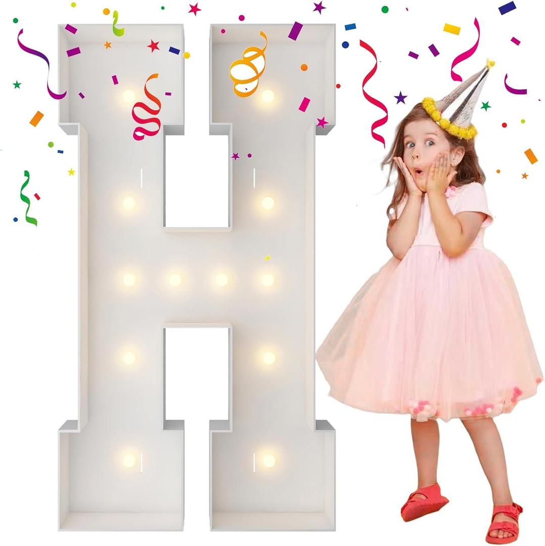 4FT Marquee Light Up Letters, Large Marquee Letters, Mosaic Balloon Frame Letter Big Letters For Engagement Wedding Decorations Birthday Party Backdrop Decor, Balloon Arch Kit Letter H