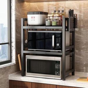Adjustable Extendable Microwave Oven Rack with Cutting Board Holder & Tool Rest Microwave Stand 2-Tier Kitchen Counter Shelf with 6 Hooks Max 330lbs Capacity Black 15.7"-24.8" (Double)
