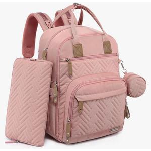 Iniuniu Diaper Bag Backpack, 4 in 1 kit Large Unisex Baby Bags for Boys Girls, Waterproof Travel Back Pack with Diaper Pouch, Pink