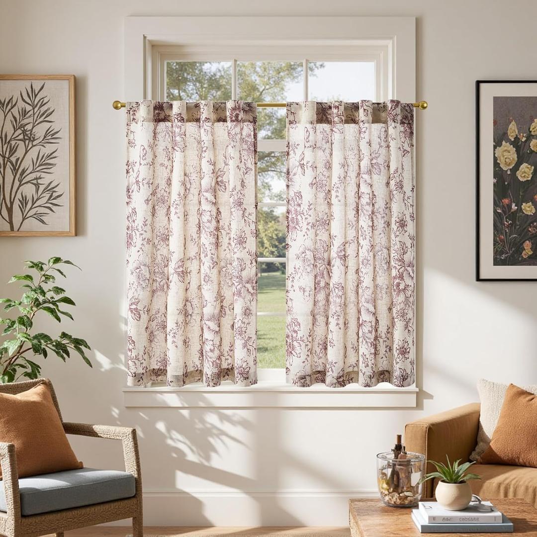 Jinchan Linen Floral Tier Curtains 45 Inch Christmas Decorations Farmhouse Botanic Cafe Curtains Light Filtering Drapes for Small Windows Back Tab Half Window for Kitchen Living Room 2 Panels Red