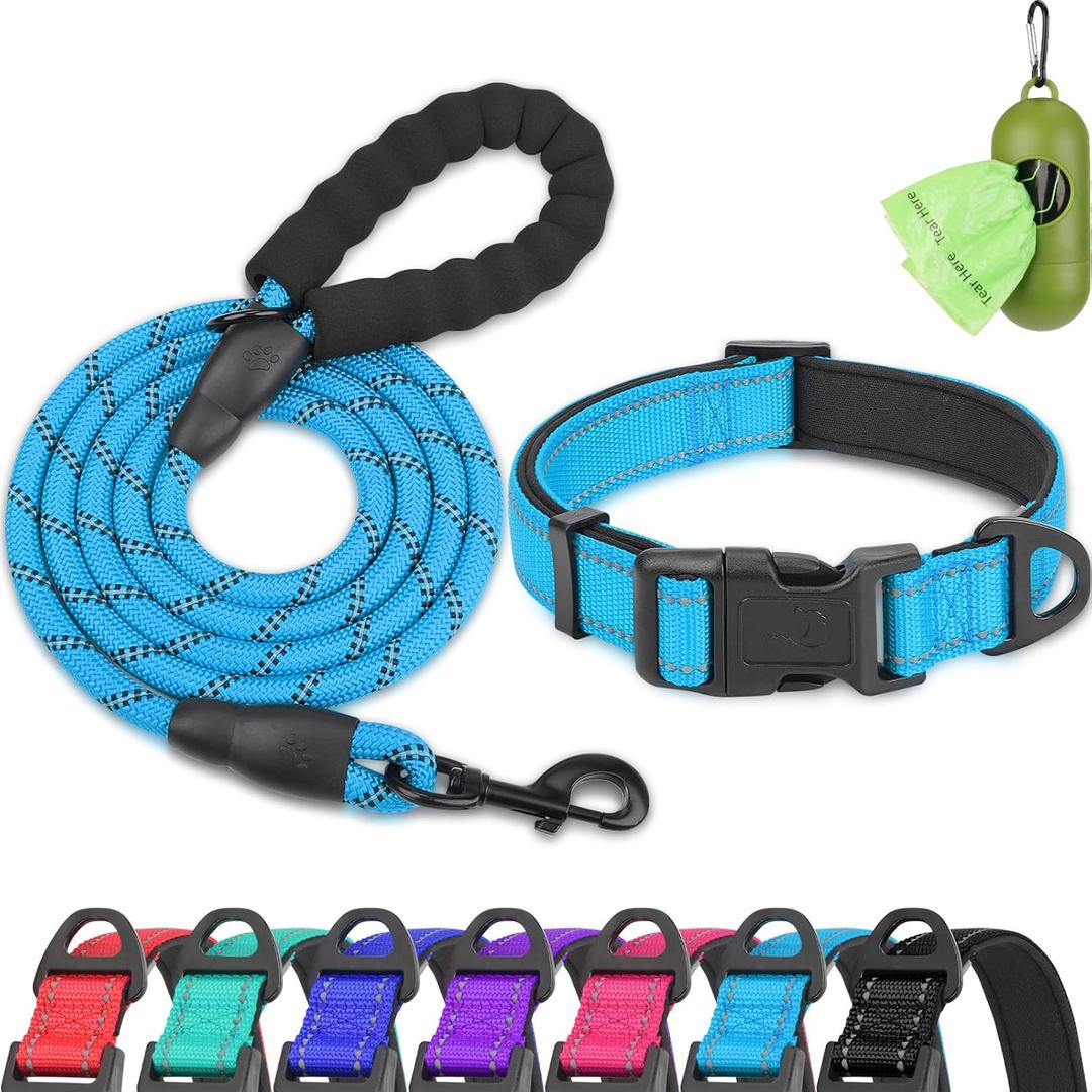 Dynmeow Reflective Dog Collar and Leash Set, 6FT Strong Climbing Rope Leash with Padded Handle, Adjustable Pet Collar with Soft Neoprene Padding for Small Medium Dogs, Blue, S (Small (Pack of 1))