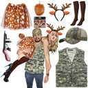 Halloween Deer and Hunter Costume Adult Couple Cosplay Antlers Headband Brown Skirt with Deer Face Sticker and Tail Socks Front Hooves Gloves Hunter Hat Vest for Couple Halloween Cosplay