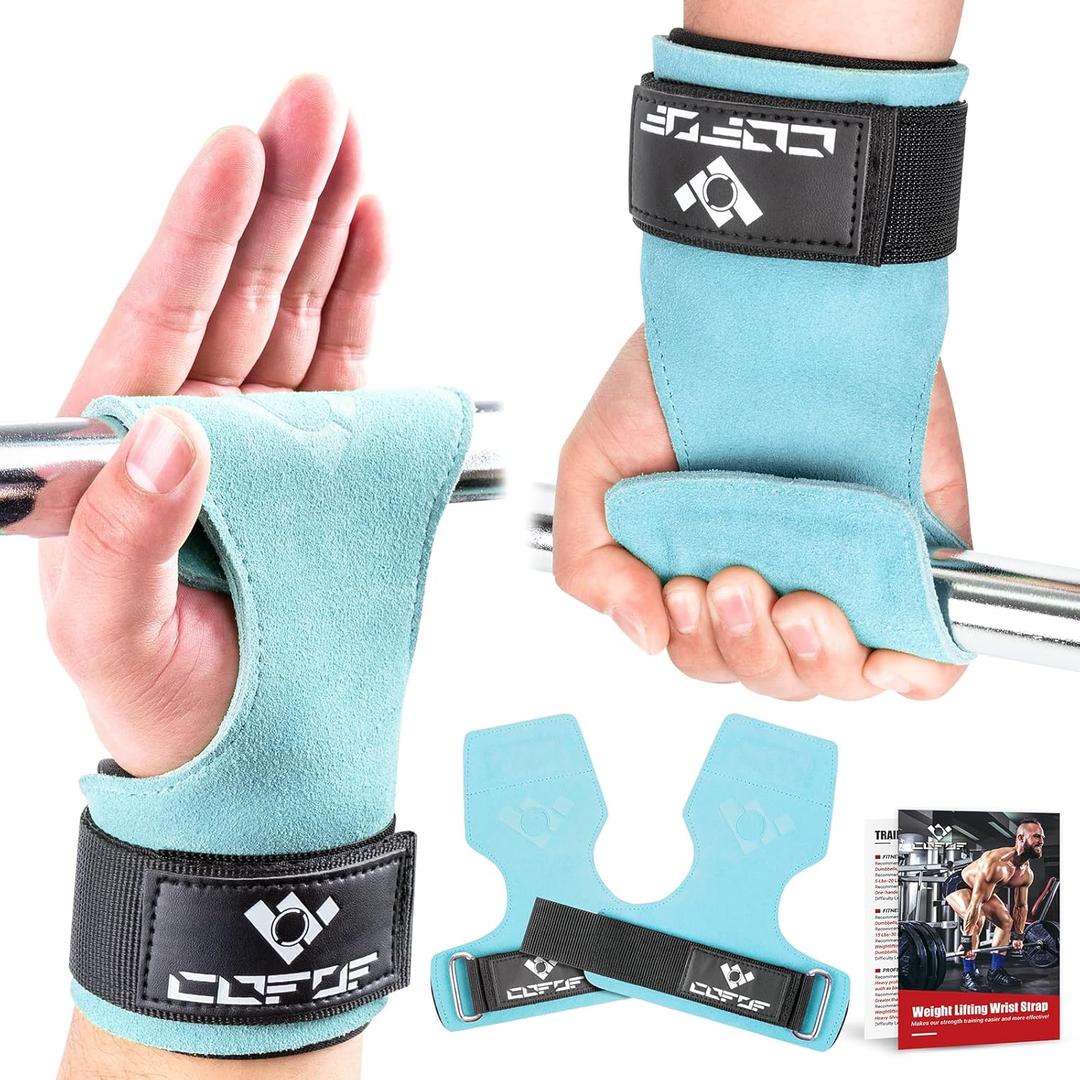 COFOF Weight Lifting Wrist Strap, Double Layer Leather Wrist Strap for Deadlift and Powerlifting, Adjustable Neoprene Padded Gym Workout Lifting Hooks (Pair)