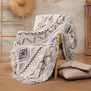 CASAAGUSTO Boho Throw Blanket - Beige and Gray Decorative Blankets with Tassel, Printed Flannel Bohemian Blanket for Chair, Bed, Sofa, Couch(50 * 60, Beige and Gray)