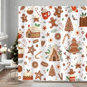 APROPHIC Christmas Shower Curtain,Funny Gingerbread Shower Curtain Christmas Cone House Cookies,Gingerbread Bathroom Decor, Waterproof Washable Fabric with 12 Hooks, 72''Lx72''W