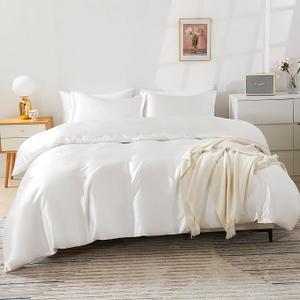 HOdo Home Satin Duvet Cover King Size, 3 Piece Silk Like Comforter Cover, Ultra Soft and Breathable Bedding Set with Zipper Closure & Corner Ties（White）