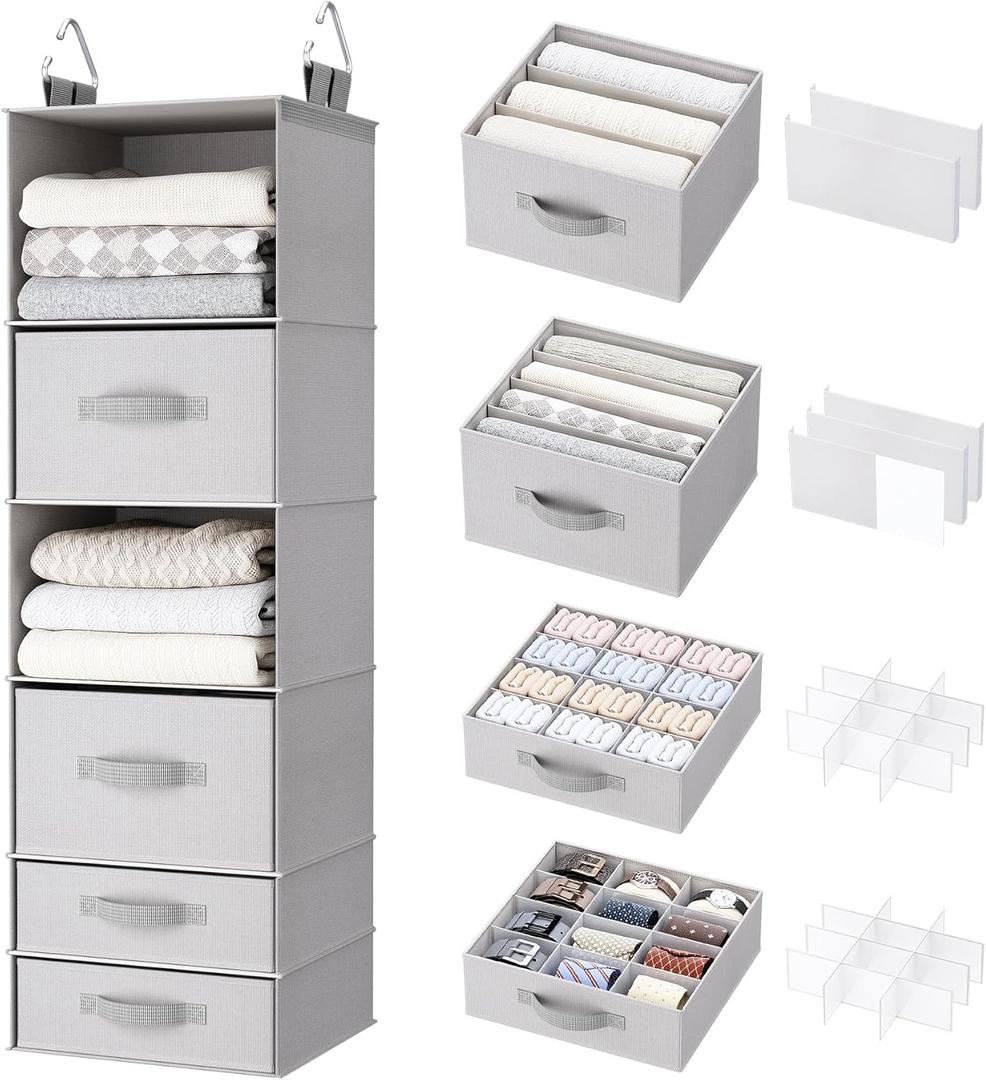 Hanging Closet Organizer with Storage Drawers, Made of 600D Thickened Oxford Cloth, Washable, Tear-Resistant, Strong Load-Bearing Without Deformation (Light Gray) (6L-4 dwr-B)