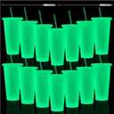 Honeydak 15 Pack Glow in the Dark Cup Halloween Tumbler with Straw and Lid Glowing Cup Water Bottle Iced Coffee Travel Mug Reusable Plastic for Party Birthday (24 oz,Fluorescent Green) (transparent white)