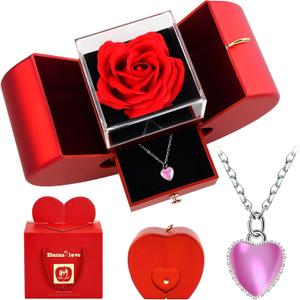 Forever Red Roses in A Box Preserved Rose with Rainbow Necklace Heart Box to My Love Birthday Gift for Women Mom Wife Girlfriend