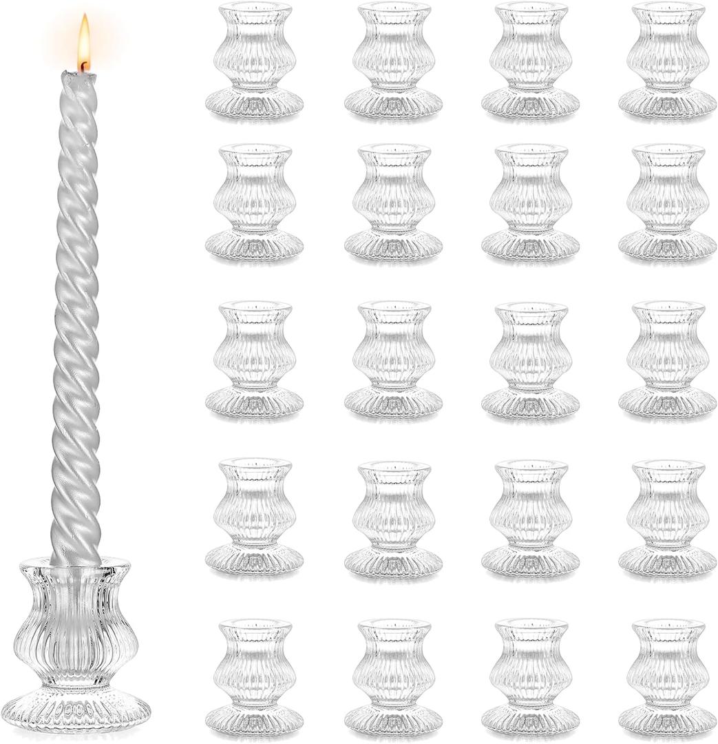 Hewory Glass Taper Candle Holders: 20PCS Clear Candle Holder Candlestick Holders, Crystal Ribbed Candle Sticks Holder Decor for Table Centerpiece Wedding Advent Wreath Christmas Thanksgiving Dinner