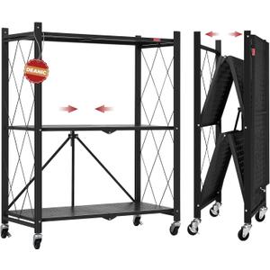 DEANIC 3 Tier Foldable Storage Shelves with Wheels, Kitchen Appliance Stand, Freestanding Metal Wire Shelf Rack, No Assembly Organizer Rolling Cart for Garage, Basement, Pantry (Black)